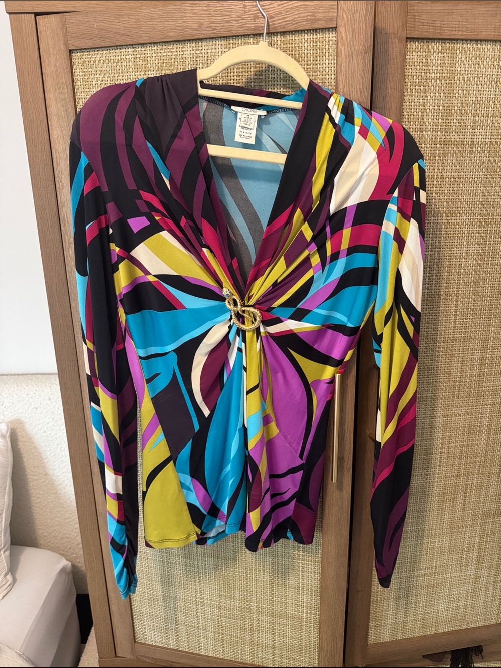 Cache Multicolor Twist-Ring Long Sleeve Blouse